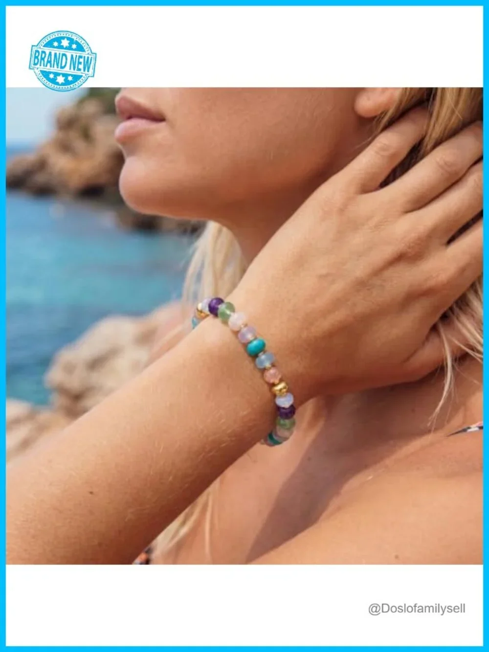 Natural Stone Beaded Bracelet, 14K Gold Plated Adjustable Stackable Bracelet